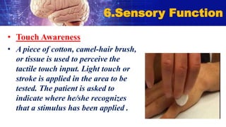 • Touch Awareness
• A piece of cotton, camel-hair brush,
or tissue is used to perceive the
tactile touch input. Light touch or
stroke is applied in the area to be
tested. The patient is asked to
indicate where he/she recognizes
that a stimulus has been applied .
6.Sensory Function
 