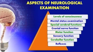 Levels of consciousness
Mental status examination
Special cerebral functions
Cranial nerve function
Motor function
Sensory function
Cerebellar function
Reflexes
 