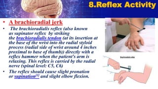 • A brachioradial jerk
• The brachioradialis reflex (also known
as supinator reflex by striking
the brachioradialis tendon (at its insertion at
the base of the wrist into the radial styloid
process (radial side of wrist around 4 inches
proximal to base of thumb)) directly with a
reflex hammer when the patient's arm is
relaxing. This reflex is carried by the radial
nerve (spinal level: C5, C6)
• The reflex should cause slight pronation
or supination[1] and slight elbow flexion.
8.Reflex Activity
 