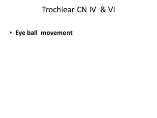 Trochlear CN IV & VI
• Eye ball movement
 