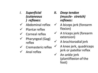 I. Superficial
(cutaneous
) reflexes:
✓ Abdominal reflex
✓ Plantarreflex
✓ Corneal reflex
✓ Pharyngeal (Gag)
reflex
✓ Cremastericreflex
✓ Anal reflex
II. Deep tendon
(muscle- stretch)
reflexes:
✓ A biceps jerk (forearm
flexion)
✓ A triceps jerk (forearm
extension)
✓ A brachioradial jerk
✓ A knee jerk, quadriceps
jerk or patellar reflex
✓ An ankle jerk
(plantiflexion of the
foot)
 