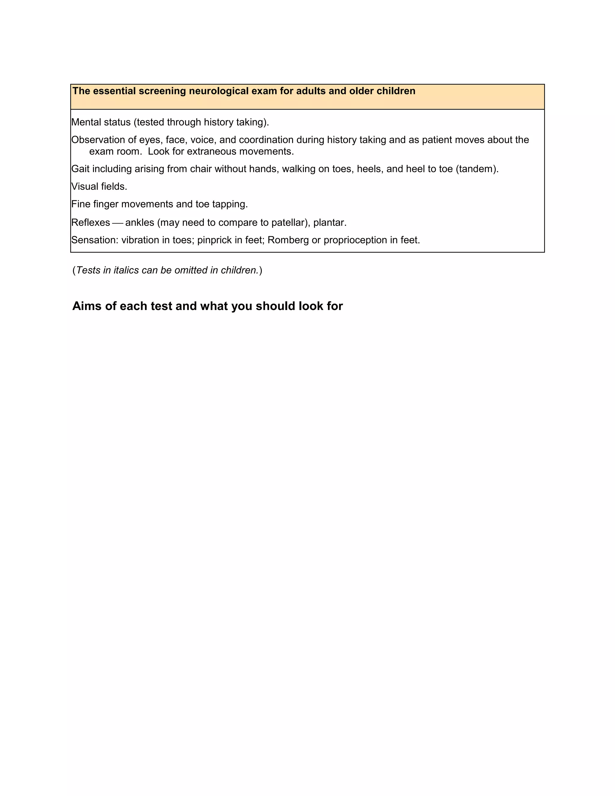 The essential screening neurological exam for adults and older children
Mental status (tested through history taking).
Observation of eyes, face, voice, and coordination during history taking and as patient moves about the
exam room. Look for extraneous movements.
Gait including arising from chair without hands, walking on toes, heels, and heel to toe (tandem).
Visual fields.
Fine finger movements and toe tapping.
Reflexesankles (may need to compare to patellar), plantar.
Sensation: vibration in toes; pinprick in feet; Romberg or proprioception in feet.
(Tests in italics can be omitted in children.)
Aims of each test and what you should look for
 