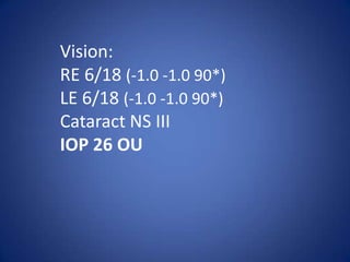 Vision:
RE 6/18 (-1.0 -1.0 90*)
LE 6/18 (-1.0 -1.0 90*)
Cataract NS III
IOP 26 OU
 