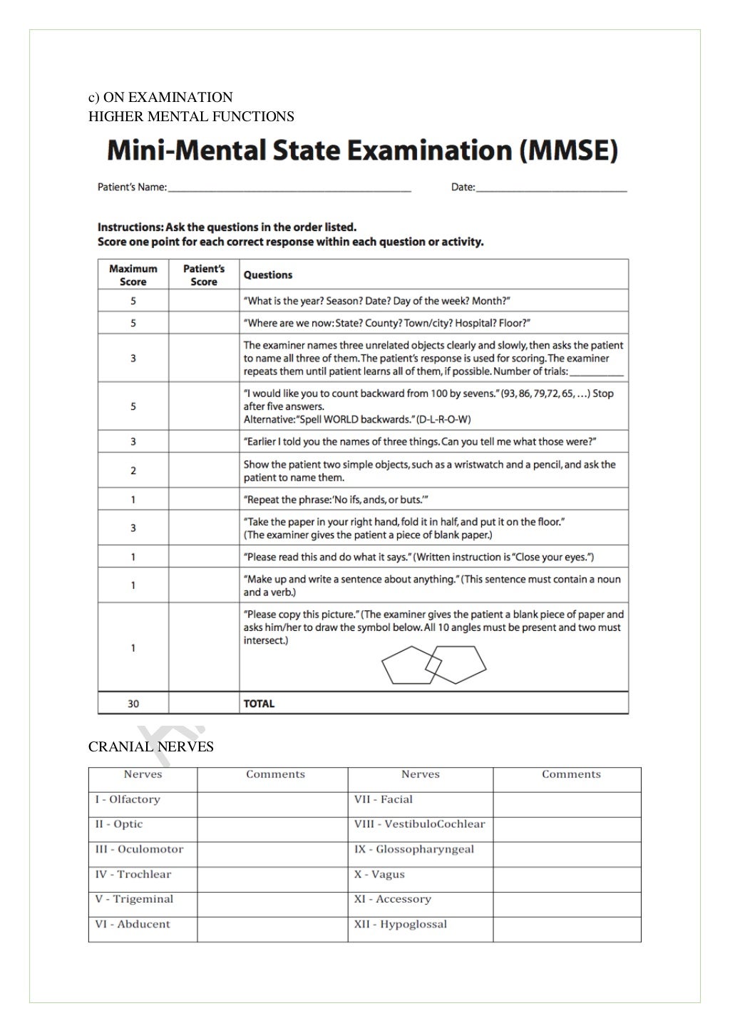 Neurological physiotherapy evaluation form