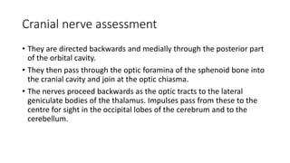 Cranial nerve assessment
• They are directed backwards and medially through the posterior part
of the orbital cavity.
• They then pass through the optic foramina of the sphenoid bone into
the cranial cavity and join at the optic chiasma.
• The nerves proceed backwards as the optic tracts to the lateral
geniculate bodies of the thalamus. Impulses pass from these to the
centre for sight in the occipital lobes of the cerebrum and to the
cerebellum.
 