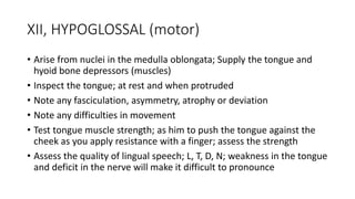 XII, HYPOGLOSSAL (motor)
• Arise from nuclei in the medulla oblongata; Supply the tongue and
hyoid bone depressors (muscles)
• Inspect the tongue; at rest and when protruded
• Note any fasciculation, asymmetry, atrophy or deviation
• Note any difficulties in movement
• Test tongue muscle strength; as him to push the tongue against the
cheek as you apply resistance with a finger; assess the strength
• Assess the quality of lingual speech; L, T, D, N; weakness in the tongue
and deficit in the nerve will make it difficult to pronounce
 