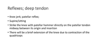 Reflexes; deep tendon
• Knee jerk; patellar reflex;
• Supine/sitting
• Strike the knee with patellar hammer directly on the patellar tendon
midway between its origin and insertion
• There will be a brief extension of the knee due to contraction of the
quadriceps
 