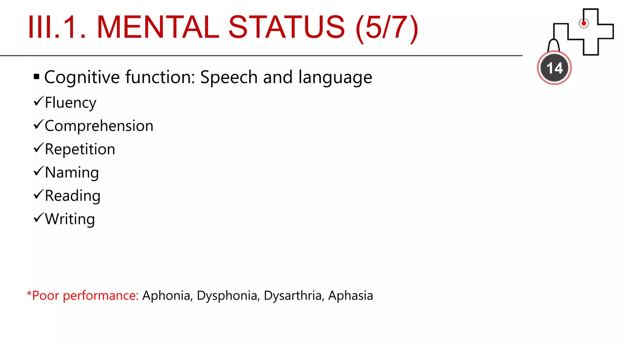 III.1. MENTAL STATUS (5/7)
14
 Cognitive function: Speech and language
Fluency
Comprehension
Repetition
Naming
Reading
Writing
*Poor performance: Aphonia, Dysphonia, Dysarthria, Aphasia
 