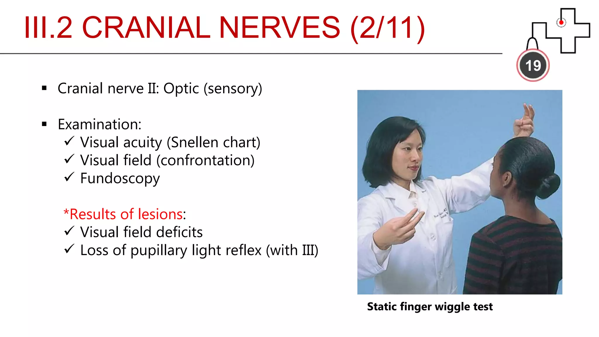 III.2 CRANIAL NERVES (2/11)
19
 Cranial nerve II: Optic (sensory)
 Examination:
 Visual acuity (Snellen chart)
 Visual field (confrontation)
 Fundoscopy
*Results of lesions:
 Visual field deficits
 Loss of pupillary light reflex (with III)
Static finger wiggle test
 