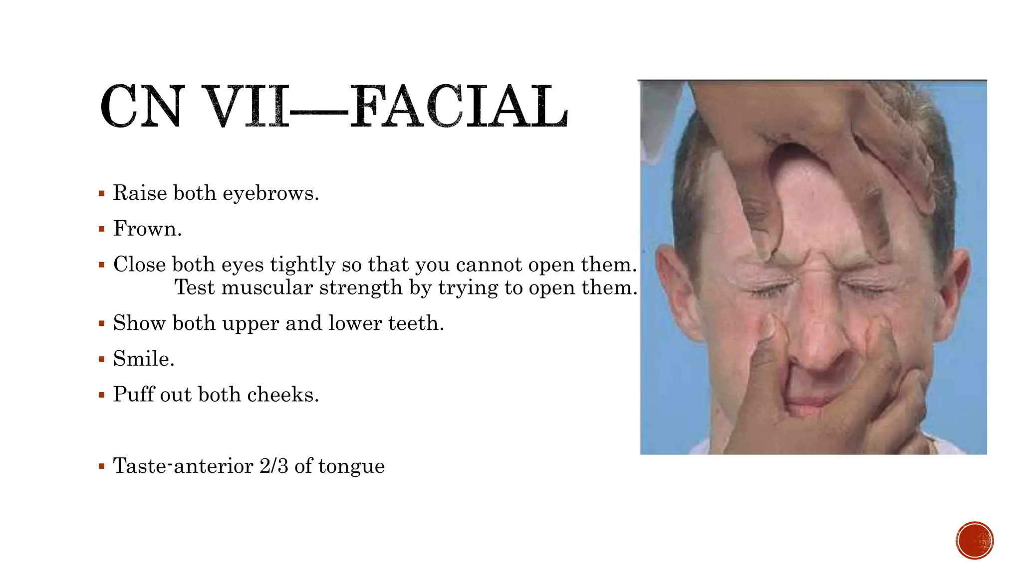  Raise both eyebrows.
 Frown.
 Close both eyes tightly so that you cannot open them.
Test muscular strength by trying to open them.
 Show both upper and lower teeth.
 Smile.
 Puff out both cheeks.
 Taste-anterior 2/3 of tongue
 