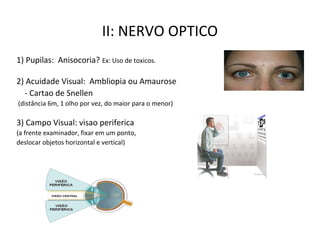 II: NERVO OPTICO
1) Pupilas: Anisocoria? Ex: Uso de toxicos.
2) Acuidade Visual: Ambliopia ou Amaurose
- Cartao de Snellen
(distância 6m, 1 olho por vez, do maior para o menor)
3) Campo Visual: visao periferica
(a frente examinador, fixar em um ponto,
deslocar objetos horizontal e vertical)
 