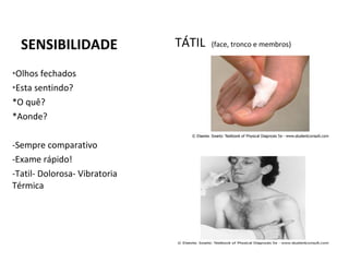 SENSIBILIDADE TÁTIL (face, tronco e membros)
*Olhos fechados
*Esta sentindo?
*O quê?
*Aonde?
-Sempre comparativo
-Exame rápido!
-Tatil- Dolorosa- Vibratoria
Térmica
 