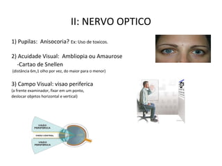 II: NERVO OPTICO
1) Pupilas: Anisocoria? Ex: Uso de toxicos.
2) Acuidade Visual: Ambliopia ou Amaurose
-Cartao de Snellen
(distância 6m,1 olho por vez, do maior para o menor)
3) Campo Visual: visao periferica
(a frente examinador, fixar em um ponto,
deslocar objetos horizontal e vertical)
 