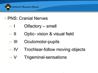 Copyright © 2007 Lippincott Williams & Wilkins.
• PNS: Cranial Nerves
– I Olfactory – smell
– II Optic- vision & visual field
– III Oculomotor-pupils
– IV Trochlear-follow moving objects
– V Trigeminal-sensations
 