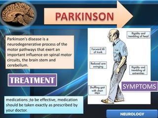 Parkinson's disease is a
neurodegenerative process of the
motor pathways that exert an
important influence on spinal motor
circuits, the brain stem and
cerebellum.


  TREATMENT
                                           SYMPTOMS
medications ;to be effective, medication
should be taken exactly as prescribed by
your doctor.
                                           NEUROLOGY
 