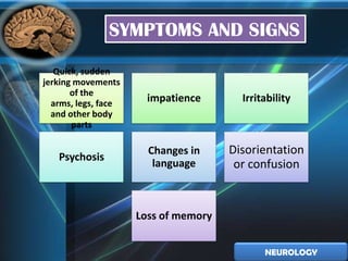 SYMPTOMS AND SIGNS
   Quick, sudden
jerking movements
       of the
  arms, legs, face     impatience       Irritability
  and other body
       parts

                       Changes in     Disorientation
   Psychosis
                        language       or confusion


                     Loss of memory


                                             NEUROLOGY
 