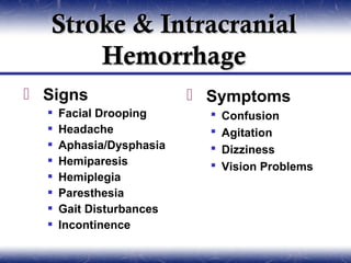 Stroke & Intracranial
       Hemorrhage
 Signs                    Symptoms
     Facial Drooping          Confusion
     Headache                 Agitation
     Aphasia/Dysphasia        Dizziness
     Hemiparesis              Vision Problems
     Hemiplegia
     Paresthesia
     Gait Disturbances
     Incontinence
 