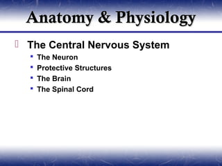 Anatomy & Physiology
 The Central Nervous System
     The Neuron
     Protective Structures
     The Brain
     The Spinal Cord
 