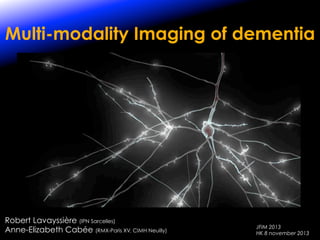 Multi-modality Imaging of dementia

Robert Lavayssière (IPN Sarcelles)
Anne-Elizabeth Cabée (RMX-Paris XV, CIMH Neuilly)

JFIM 2013
HK 8 november 2013

 