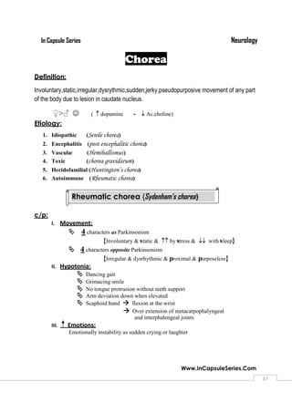 NeurologyIn Capsule Series
Www.InCapsuleSeries.Com
3737
Chorea
Definition:
Involuntary,static,irregular,dysrythmic,sudden,jerky,pseudopurposive movement of any part
of the body due to lesion in caudate nucleus.
♀>♂  ( dopamine - Ac.choline)
Etiology:
1. Idiopathic (Senile chorea)
2. Encephalitis (post encephalitic chorea)
3. Vascular (Hemiballismus)
4. Toxic (chorea gravidarum)
5. Heridofamilial (Huntington’s chorea)
6. Autoimmune (Rheumatic chorea)
c/p:
I. Movement:
 4 characters as Parkinsonism
{Involuntary & static & by stress & with sleep}
 4 characters opposite Parkinsonism
{Irregular & dysrhythmic & proximal & purposeless}
II. Hypotonia:
 Dancing gait
 Grimacing smile
 No tongue protrusion without teeth support
 Arm deviation down when elevated
 Scaphoid hand  flexion at the wrist
 Over extension of metacarpophalyngeal
and interphalengeal joints
III. Emotions:
Emotionally instability as sudden crying or laughter
Rheumatic chorea {Sydenham’s chorea}
 