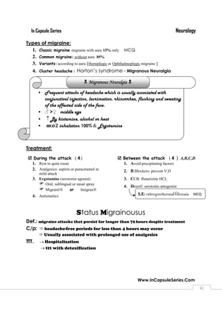 NeurologyIn Capsule Series
Www.InCapsuleSeries.Com
4242
Types of migraine:
1. Classic migraine: migraine with aura 15% only MCQ
2. Common migraine: without aura 85%
3. Variants: according to aura {Hemiplegic or Ophthalmoplegic migraine }
4. Cluster headache : Horton’s syndrome = Migranous Neuralgia
Treatment:
 During the attack ( 4 )
1. Rest in quite room
2. Analgesics: aspirin or paracetamol in
mild attack
3. Ergotamine (serotonin agonist)
 Oral, sublingual or nasal spray
 Migranil or Imigran
 Between the attack ( 4 ) A,B,C,D
1. Avoid precipitating factors
2. B.Blockers: prevent V.D
3. CCB: flunarizine HCL
4. Deseril: serotonin antagonist
4. Antiemetics
Status Migrainousus
Def.: migraine attacks that persist for longer than 72 hours despite treatment
C/p: headache-free periods for less than 4 hours may occur
Usually associated with prolonged use of analgesics
TTT.  Hospitalization
 ttt with detoxification
 Frequent attacks of headache which is usually associated with
conjunctival injection, lacrimation, rhinorrhea, flushing and sweating
of the affected side of the face.
 ♂>♀ middle age
 By histamine, alcohol or heat
 ttt.o2 inhalation 100% & Ergotamine
Migranous Neuralgia 
S.E: retroperitoneal fibrosis MCQ
 
