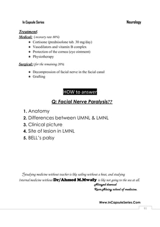 NeurologyIn Capsule Series
Www.InCapsuleSeries.Com
6161
Treatment:
Medical: (recovery rate 80%)
 Cortisone (prednisolone tab. 30 mg/day)
 Vasodilators and vitamin B complex
 Protection of the cornea (eye ointment)
 Physiotherapy
Surgical: (for the remaining 20%)
 Decompression of facial nerve in the facial canal
 Grafting
HOW to answer
QQ: Facial Nerve Paralysis??
1. Anatomy
2. Differences between UMNL & LMNL
3. Clinical picture
4. Site of lesion in LMNL
5. BELL’s palsy
Studying medicine without teacher is like sailing without a boat, and studying
Internal medicine without Dr/Ahmed M.Mwafy is like not going to the sea at all.
Alsayed dawoud
Kasr-Alainy school of medicine.
 