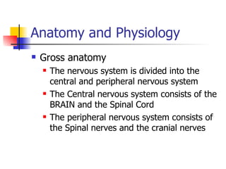 Anatomy and Physiology Gross anatomy The nervous system is divided into the central and peripheral nervous system The Central nervous system consists of the BRAIN and the Spinal Cord The peripheral nervous system consists of the Spinal nerves and the cranial nerves 