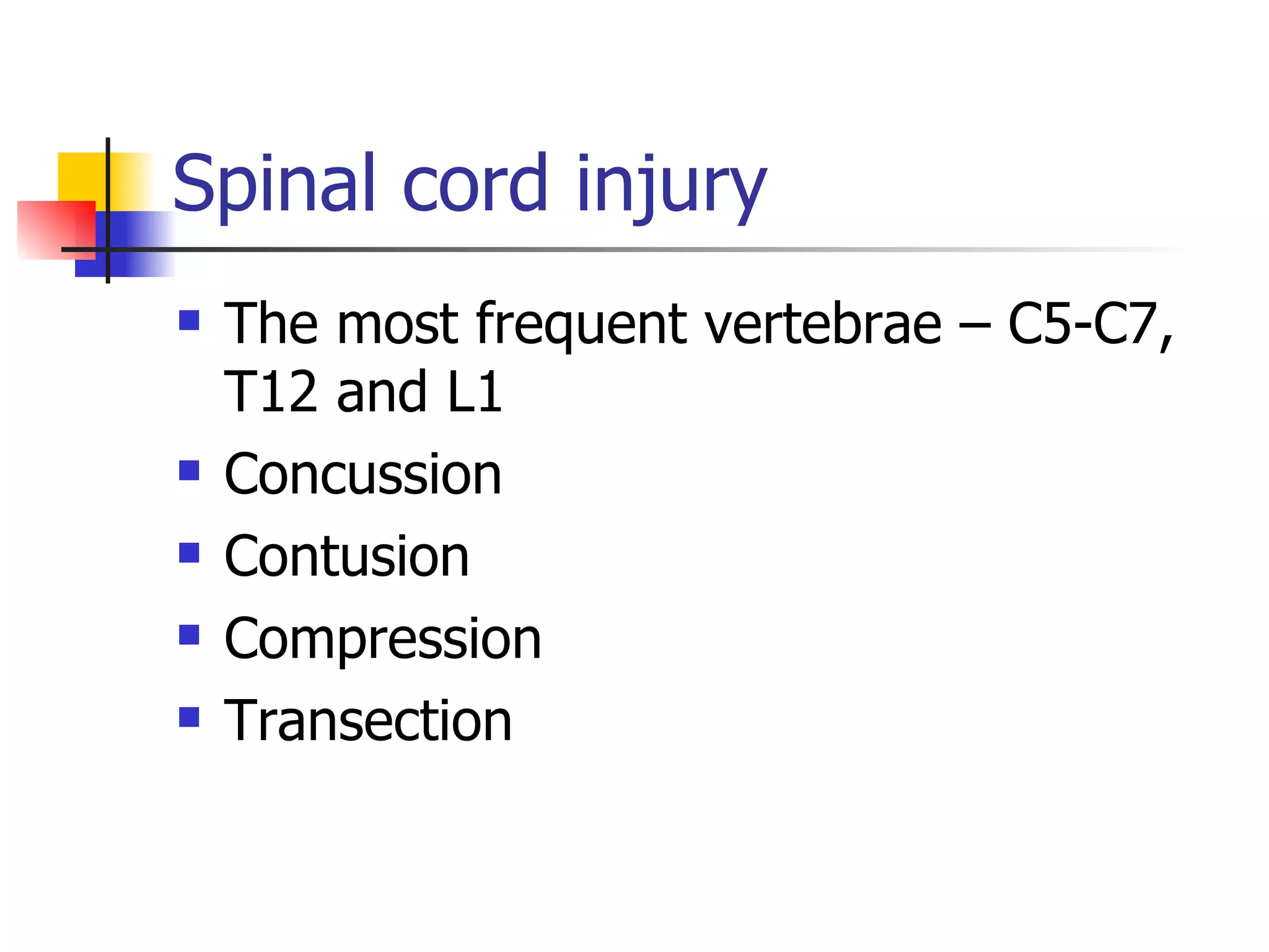 Spinal cord injury The most frequent vertebrae – C5-C7, T12 and L1 Concussion Contusion Compression Transection 
