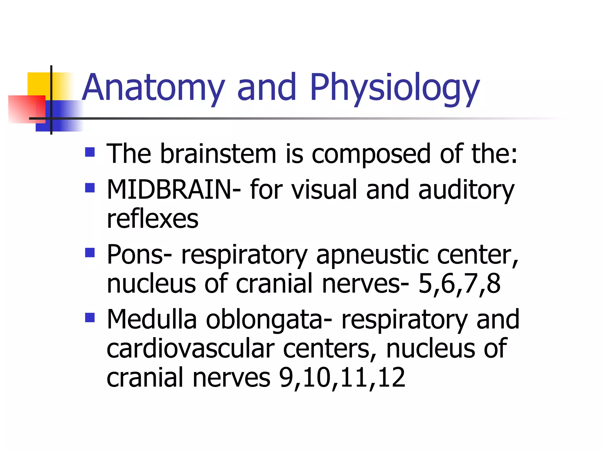 Anatomy and Physiology The brainstem is composed of the: MIDBRAIN- for visual and auditory reflexes Pons- respiratory apneustic center, nucleus of cranial nerves- 5,6,7,8 Medulla oblongata- respiratory and cardiovascular centers, nucleus of cranial nerves 9,10,11,12 