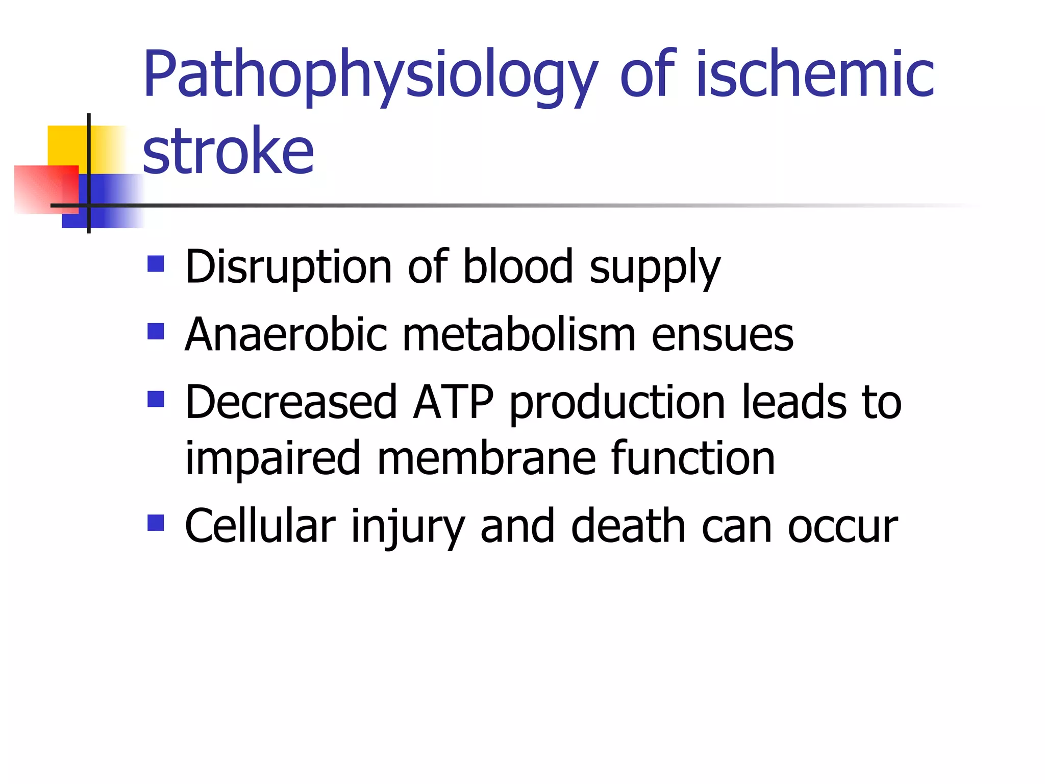 Pathophysiology of ischemic stroke Disruption of blood supply Anaerobic metabolism ensues Decreased ATP production leads to impaired membrane function Cellular injury and death can occur 