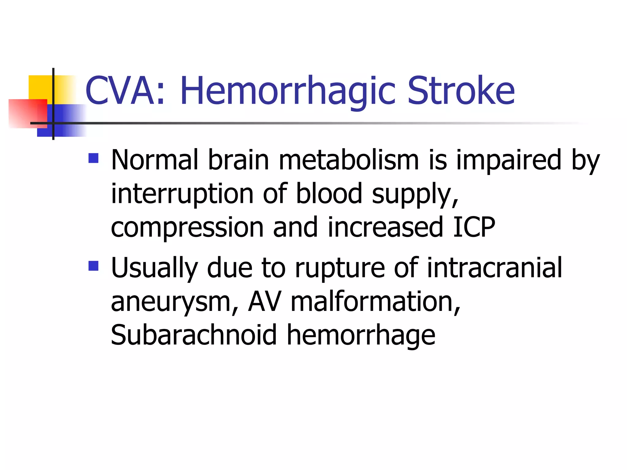 CVA: Hemorrhagic Stroke Normal brain metabolism is impaired by interruption of blood supply, compression and increased ICP Usually due to rupture of intracranial aneurysm, AV malformation, Subarachnoid hemorrhage 