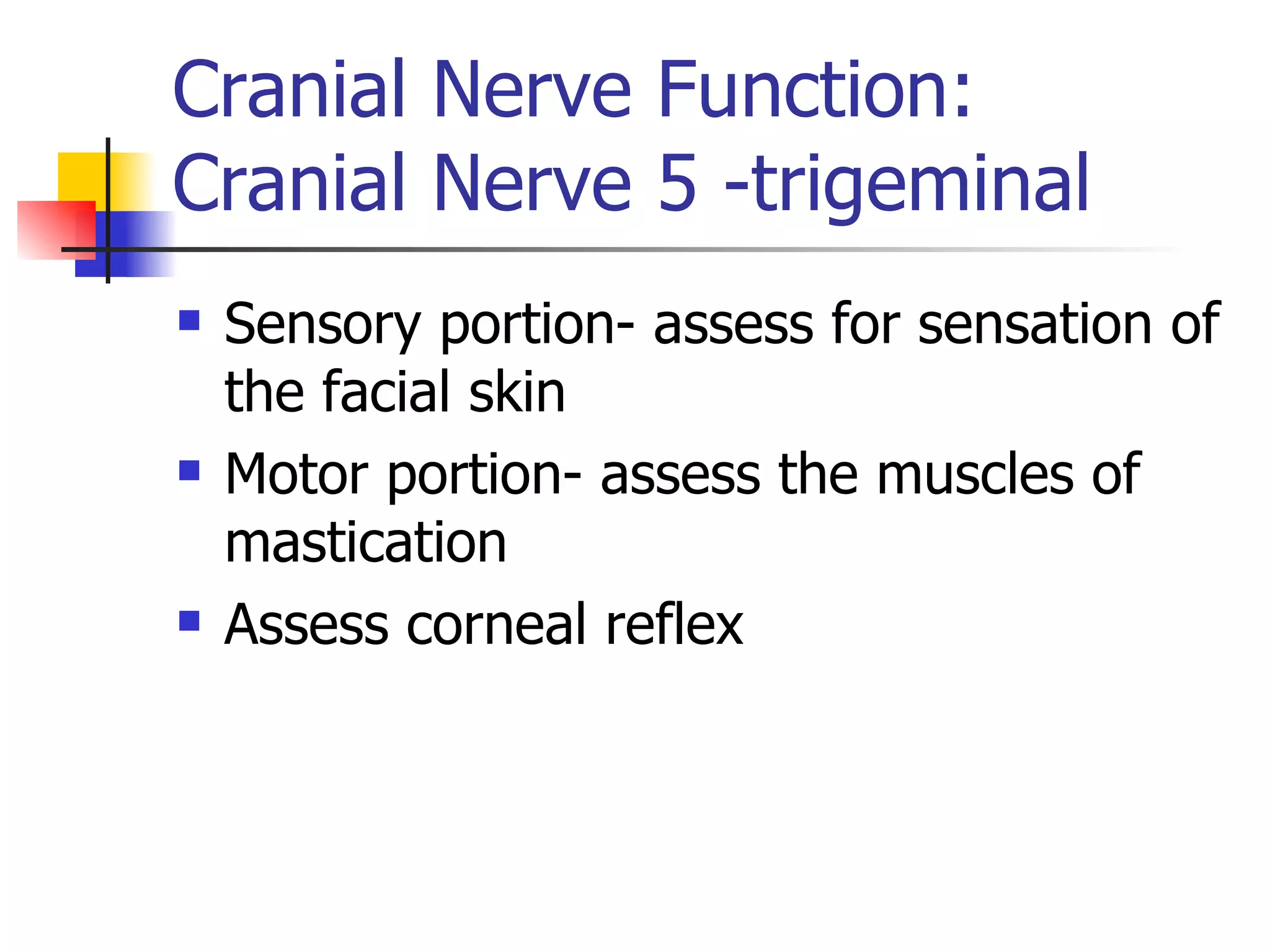 Cranial Nerve Function: Cranial Nerve 5 -trigeminal Sensory portion- assess for sensation of the facial skin Motor portion- assess the muscles of mastication Assess corneal reflex 