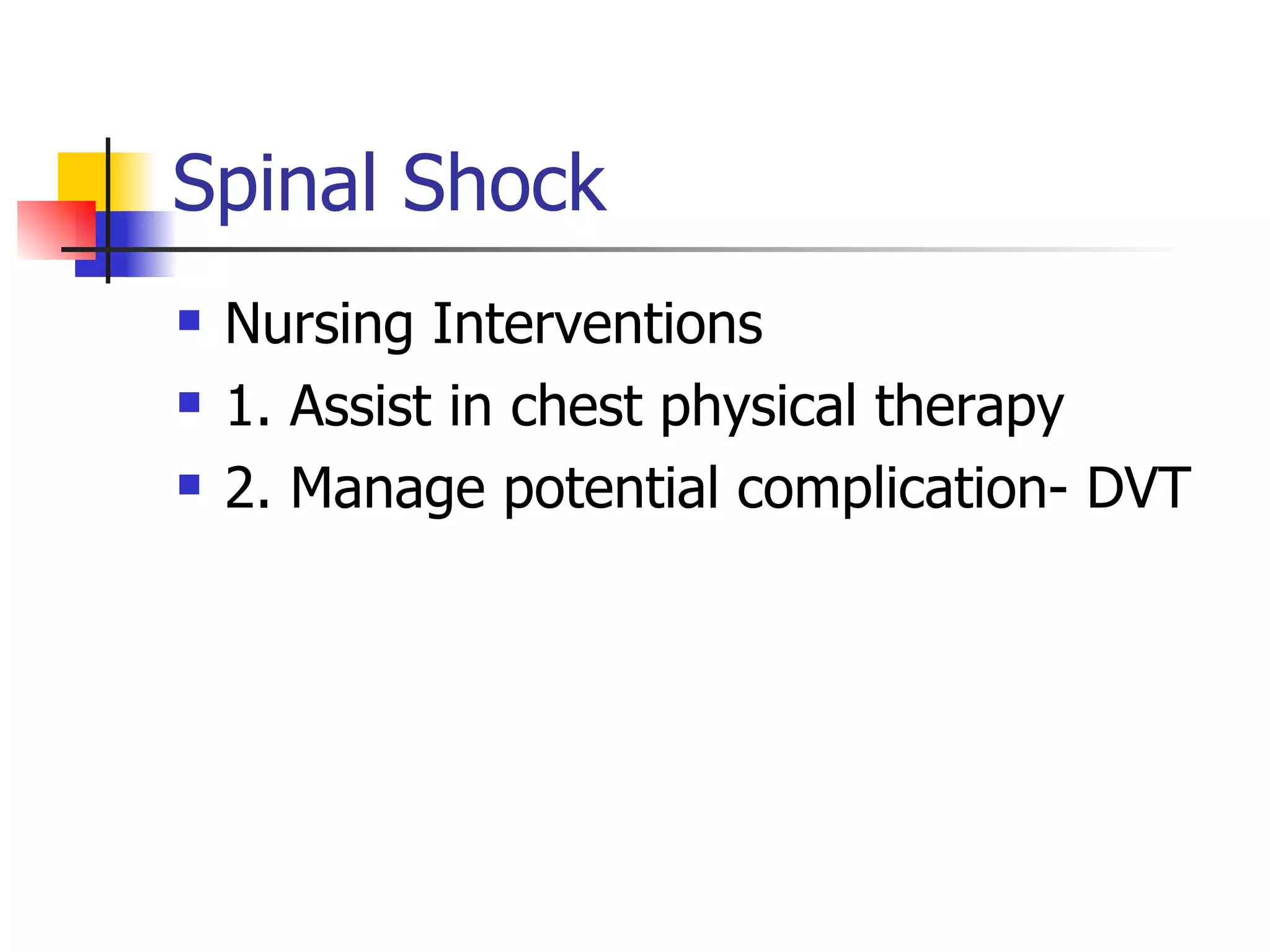 Spinal Shock Nursing Interventions 1. Assist in chest physical therapy 2. Manage potential complication- DVT 