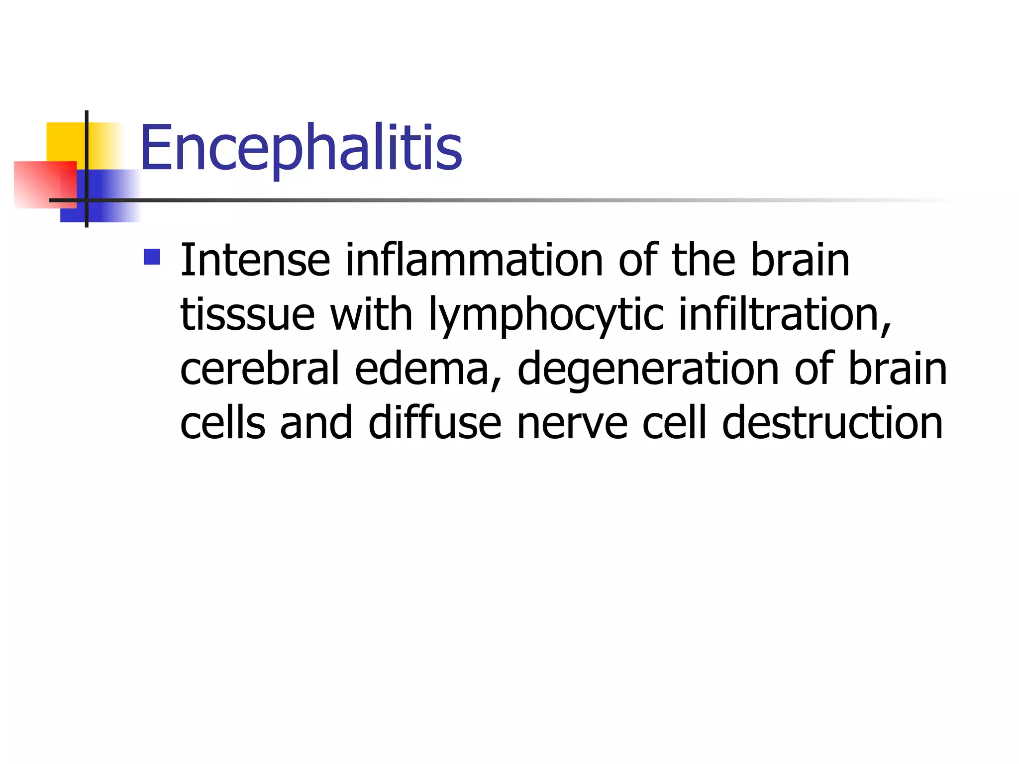 Encephalitis Intense inflammation of the brain tisssue with lymphocytic infiltration, cerebral edema, degeneration of brain cells and diffuse nerve cell destruction 