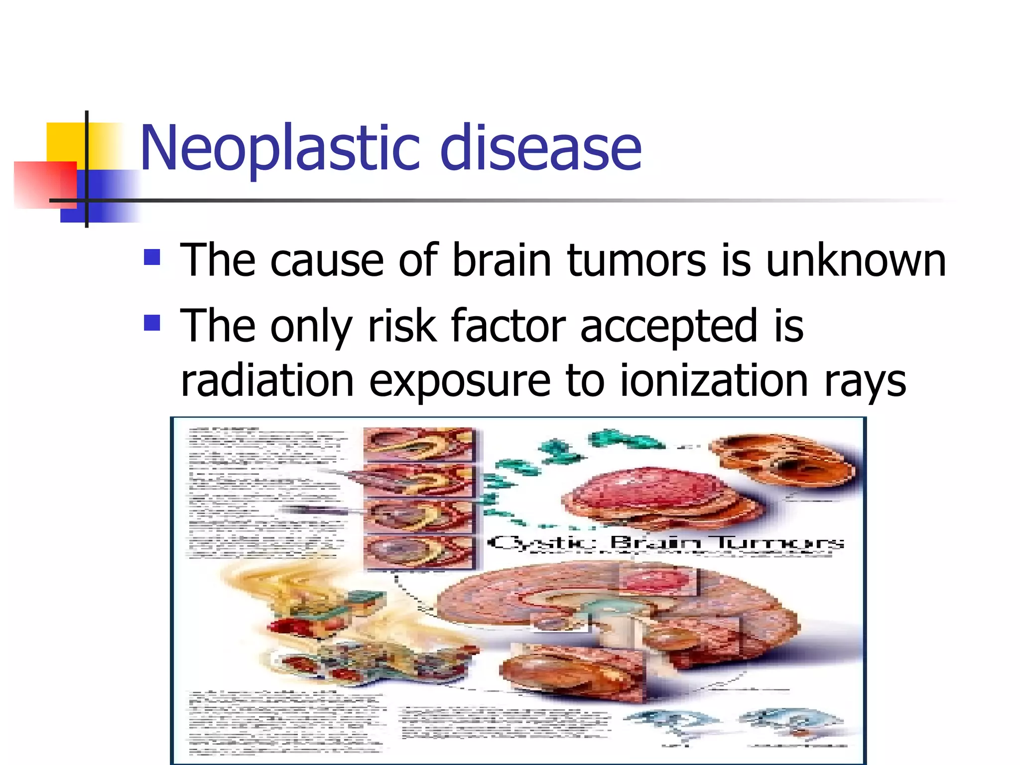 Neoplastic disease The cause of brain tumors is unknown The only risk factor accepted is radiation exposure to ionization rays 