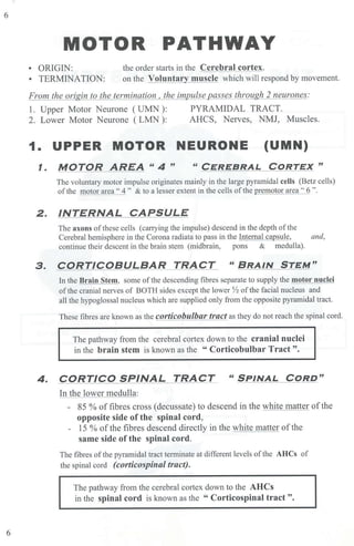6
6
MOTOR PATHWAY
• ORIGIN: the order starts in the Cerebral cortex.
• TERMINATION: on the Voluntar muscle which will respond by movement.
From the origin to the termination, the impulse passes through 2 neurones:
1. Upper Motor Neurone ( UMN ): PYRAMIDAL TRACT.
2. Lower Motor Neurone ( LMN ): ARCS, Nerves, NMJ, Muscles.
1. UPPER MOTOR NEURONE (UMN)
1. MOTOR AREA " 4 " " CEREBRAL CORTEX "
The voluntary motor impulse originates mainly in the large pyramidal cells (Betz cells)
ofthe motor area" 4" & to a lesser extent in the cells ofthe premotor area" 6 ".
2. INTERNAL CAPSULE
The axons of these cells (canying the impulse) descend in the depth of the
Cerebral hemisphere in the Corona radiata to pass in the Internal capsule, and,
continue their descent in the brain stem (midbrain, pons & medulla).
3. CORTICOBULBAR TRACT "BRAIN STEM"
In the Brain Stem, some of the descending fibres separate to supply the motor nuclei
of the cranial nerves of BOTH sides except the lower ½ ofthe facial nucleus and
all the bypoglossal nucleus which are supplied only from the opposite pyramidal tract.
These fibres are known as the corticobulbar tract as they do not reach the spinal cord.
The pathway from the cerebral cortex down to the cranial nuclei
in the brain stem is known as the " Corticobulbar Tract ".
4. CORT/CO SPINAL TRACT "SPINAL CORD"
In the lower medulla:
- 85 % of fibres cross (decussate) to descend in the white matter ofthe
opposite side of the spinal cord,
- 15 % ofthe fibres descend directly in the white matter ofthe
same side of the spinal cord.
The fibres ofthe pyramidal tract tenninate at different levels of the AHCs of
the spinal cord (corticospinal tract).
The pathway from the cerebral cm1ex down to the AHCs
in the spinal cord is known as the " Corticospinal tract ".
 