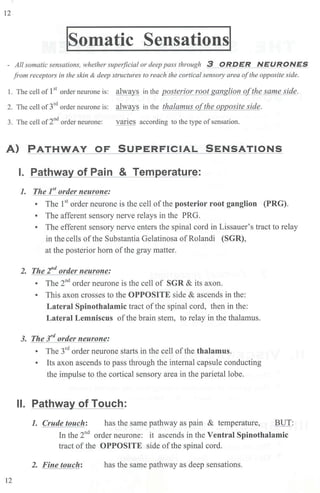 12
!somatic Sensations!
- Allsomatic sensations, whether supe1ficial or deep pass through 3 ORDER NEURONES
from receptors in the skin & deep structures to reach the cortical sensmy area ofthe opposite side.
I. The cell of 1st
order neurone is: always in the posterior root ganglion ofthe same side.
2. The cell of3rd
order neurone is: always in the thalamus ofthe opposite side.
3. The cell of2nd
order neurone: varies according to the type ofsensation.
A) PATHWAY OF SUPERFICIAL SENSATIONS
I. PathwaY- of Pain & Temperature:
12
1. The P' order neurone:
• The 1st
order neurone is the cell of the posterior root ganglion (PRG).
• The afferent sensory nerve relays in the PRG.
• The efferent sensory nerve enters the spinal cord in Lissauer's tract to relay
in the cells ofthe Substantia Gelatinosa ofRolandi (SGR),
at the posterior horn ofthe gray matter.
2. The 21/(1
order neurone:
• The 2nd
order neurone is the cell of SGR & its axon.
• This axon crosses to the OPPOSITE side & ascends in the:
Lateral Spinothalamic tract of the spinal cord, then in the:
Lateral Lemniscus ofthe brain stem, to relay in the thalamus.
3. The 3
rd
order neurone:
• The 3rd
order neurone starts in the cell ofthe thalamus.
• Its axon ascends to pass through the internal capsule conducting
the impulse to the cortical sensory area in the parietal lobe.
II. Pathway of Touch:
1. Crude touch: has the same pathway as pain & temperature, BUT:
In the 2nd
order neurone: it ascends in the Ventral Spinothalamic
tract of the OPPOSITE side ofthe spinal cord.
2. Fine touch: has the same pathway as deep sensations.
 