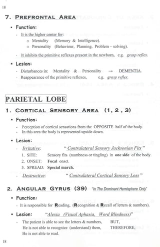 18
7. PREFRONTAL AREA
• Function:
- It is the higher center for:
o Mentality (Memory & Intelligence).
o Personality (Behaviour, Planning, Problem - solving).
- It inhibits the primitive reflexes present in the newborn, e.g. grasp reflex.
• Lesion:
- Disturbances in: Mentality & Personality -+ DEMENTIA.
- Reappearance of the primitive reflexes, e.g. grasp reflex.
[PARIETAL LOBEi
18
1. CORTICAL SENSORY AREA ( 1, 2 , 3)
• Function:
- Perception of c01iical sensations from the OPPOSITE halfofthe body.
- In this area the body is represented upside down.
• Lesion:
- Irritative: " Contralateral Sensory Jacksonian Fits"
1. SITE: Sensory fits (numbness or tingling) in one side ofthe body.
2. ONSET: Focal onset.
3. SPREAD: Special march.
- Destructive: " Contralateral Cortical Sensory Loss "
2. ANGULAR G YRUS (3 9) "In The Dominant Hemisphere Only''
• Function:
- It is responsible for Reading, (Recognition & Recall of letters & numbers).
• Lesion: "Alexia (Visual Aphasia, Word Blindness)"
- The patient is able to see the letters & numbers, BUT,
He is not able to recognize (understand) them,
He is not able to read.
THEREFORE,
 