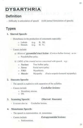 JDYSARTHRIAI
Definition
- Difficulty in articulation of speech (with normal formulation of speech).
Types
1. Slurred Speech:
- Disturbance in the roduction of consonants es eciall _:
o Labials (e.g. B, M).
o Dentals (e.g. D, T).
- Causes include:
a) Bilateral pyramidal tract lesion (Cortico-bulbar lesion), as in :
o Pseudobulbar palsy.
b) LMNL ofthe cranial nerves concerned with speech, e.g.:
o Nuclear: True bulbar palsy.
o Nerve:
o NMJ:
o Muscle:
2. Staccato Speech:
Facial nerve palsy.
Myasthenia.
Myopathy (Facio-scapulo-humeral myopathy).
- The speech is explosive with separation ofthe syllables.
- Causes include: Cerebellar lesions:
o Hereditary ataxias.
o DS.
3. Scanning Speech: (Slurred Staccato)
- It occurs also in: Cerebellar lesions.
4. Monotonus Speech:
- The s eech is ex ressionless & monotonus.
- Causes include: Extrapyramidal lesions:
o Parkinsonism.
23
23
 