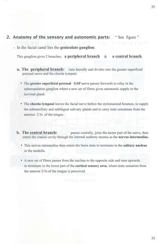 2. Anatomy of the sensory and autonomic arts: "See figure"
- In the facial canal lies the geniculate ganglion.
This ganglion gives 2 branches, a peripheral branch & a central branch.
a. The ~ ~;....c.cc..~-'-"--'~"'-=..c..= runs laterally and divides into the greater superficial
petrosal nerve and the chorda tympani.
• The greater superficial petrosal GSP nerve passes forwards to relay in the
sphenopalatine ganglion where a new set offibres gives autonomic supply to the
lacrimal gland.
• The chorda tympani leaves the facial nerve before the stylomastoid foramen, to supply
the submaxillary and sublingual salivary glands and to carry taste sensations from the
anterior 2/3s ofthe tongue.
b. The central branch: passes centrally, joins the motor pait ofthe nerve, then
enters the cranial cavity through the internal auditory meatus as the nervus intermedius.
• This nervus intermedius then enters the brain stem to tenninate in the solitary nucleus
in the medulla.
• A new set offibres passes from the nucleus to the opposite side and runs upwards
to terminate in the lower part of the cortical sensory area, where taste sensation from
the anterior 2/3s of the tongue is perceived.
35
35
 