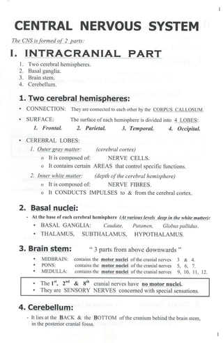 CENTRAL NERVOUS SYSTEM
The CNS is formed of 2 parts:
I. INTRACRANIAL PART
1. Two cerebral hemispheres.
2. Basal ganglia.
3. Brain stem.
4. Cerebellum.
1. Two cerebral hemispheres:
• CONNECTION: They are connected to each other by the CORPUS CALLOSUM.
• SURFACE: The surface ofeach hemisphere is divided into 4 LOBES:
1. Frontal 2. Parietal. 3. Temporal. 4. Occipital.
• CEREBRAL LOBES:
1. Outer gray matter:
o It is composed of:
(cerebral cortex)
NERVE CELLS.
o It contains certain AREAS that control specific functions.
2. Inner white matter: (depth ofthe cerebral hemisphere)
o It is composed of: NERVE FIBRES.
o It CONDUCTS IMPULSES to & from the cerebral cortex.
2. Basal nuclei:
- At the base ofeach cerebral hemisphere (At various levels deep in the white matter):
• BASAL GANGLIA: Caudate, Putamen, Globuspallidus.
• THALAMUS, SUBTHALAMUS, HYPOTHALAMUS.
3. Brain stem: "3 parts from above downwards"
• MIDBRAIN: contains the motor nuclei of the cranial nerves 3 & 4.
• PONS: contains the motor nuclei of the cranial nerves 5, 6, 7.
• MEDULLA: contains the motor nuclei ofthe cranial nerves 9, 10, 11, 12.
• The 1st, 2
nd
& 8
th
cranial nerves have no motor nuclei.
• They are SENSORY NERVES concerned with special sensations.
4. Cerebellum:
- It lies at the BACK & the BOTTOM ofthe cranium behind the brain stem,
in the posterior cranial fossa.
1
l
 