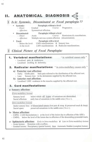 82
82
II. ANATOMICAL DIAGNOSIS ~
00 Is it: Systemic, Disseminated or Focal paraplegia ??
• Systemic: Paraplegia without a level
- Onset: Gradual Course: Progressive.
- Affection: Symmetrical affection.
• Disseminated: Paraplegia without a level
- Onset: Acute Course: Remissions & exacerbations.
- Affection: Multiple nervous system affection (dissemination).
• Focal: Paraplegia with a level
- Below the level: UMN manifestations & Sensory loss.
- At the level: LMN manifestations & Radicular manifestations.
~ Clinical Picture of Focal Paraplegia:
1. Vertebral manifestations: " in vertebral causes only "
- Localised pain & tenderness.
- Localised swelling & deformity.
2. Radicular manifestations: "in extra-medulla1y causes only"
a) Posterior root affection:
- Early: Girdle pain: back pain referred to the distribution of the affected root.
- Late: Sensory loss: in the dem1atome supplied by the affected root.
b) Anterior root affection:
- Localised LMN weakness in the muscles supplied by the affected root.
3. Cord manifestations:
a- Sensor affection:
'1¢xtra-medulla,y lesion~
Sensory level: below which all types ofsensations are diminished.
Sacral affection: early loss ofsensations in the saddle area ( S3,4,5).
Vntra-medulla,y lesion~
Jacket sensory loss: ofdissociated nature (lost pain & temp. & preserved touch & deep).
Sacral spare: preserved sensations in the saddle area ( S3,4,s ).
b- Motor affection:
- LMNL ( with fasciculations): at the level ofthe lesion due to affection ofthe AHCs.
- UMNL: below the level ofthe lesion due to affection of the descending pyramidal tracts.
c- S hincteric affection: Early in Intra-medul!aty & Late in Extra-medullaty lesions
- Acute lesions: Retention with overflow.
- Gradual lesions: Precipitancy (partial lesion), then: Automatic bladder (complete lesion).
 