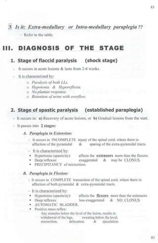 ~ Is it: Extra-medullar or Intra-medullary paraplegia??
- Refer to the table.
Ill. DIAGNOSIS OF THE STAGE
1. Stage of flaccid paralysis (shock stage)
- It occurs in acute lesions & lasts from 2-6 weeks.
- It is characterized by:
o Paralysis ofboth LLs.
o Hypotonia & Hyporeflexia.
o No plantar response.
o Retention ofurine with overflow.
2. Stage of spastic paralysis (established paraplegia)
- It occurs in: a) Recovery of acute lesions, or b) Gradual lesions from the start.
- It passes into 2 stages:
A. Paraplegia in Extension:
- It occurs in INCOMPLETE injury ofthe spinal cord, where there is:
affection ofthe pyramidal & sparing ofthe extra-pyramidal tracts.
- It is characterized by:
• Hypertonia (spasticity): affects the extensors more than the flexors.
• Deep reflexes: exaggerated & may be CLONUS.
• PRECIPITANCY ofmicturition.
B. Paraplegia in Flexion:
- It occurs in COMPLETE transection ofthe spinal cord, where there is:
affection ofboth pyramidal & extra-pyramidal tracts.
- It is characterized by:
• Hypertonia (spasticity): affects the flexors more than the extensors.
• Deep reflexes: less exaggerated & NO CLONUS.
• AUTOMATIC BLADDER.
• Positive mass reflex:
Any stimulus below the level of the lesion, results in:
withdrawal ofthe legs, sweating below the level,
micturition, defecation, & ejaculation.
83
83
 