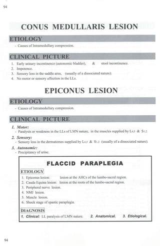 94
CONUS MEDULLARIS LESION
ETIOLOGY
- Causes ofIntramedullary compression.
CLINICAL PICTURE
------
1. Early urinary incontinence (autonomic bladder), & stool incontinence.
2. Impotence.
3. Sensory loss in the saddle area, (usually ofa dissociated nature).
4. No motor or sensory affection in the LLs.
EPICONUS LESION
- Causes ofintramedullary compression.
CLINICAL PICTURE
------------------~--
1. Motor:
- Paralysis or weakness in the LLs of LMN nature, in the muscles supplied by L4,5 & S1,2.
2. Sensory:
- Sensory loss in the dermatomes supplied by L4,5 & S1,2 (usually ofa dissociated natw-e).
3. Autonomic:
- Precipitancy ofurine.
FLACCID PARAPLEGIA
[ETIOLOGY!
1. Epiconus lesion: lesion at the AHCs of the lumbo-sacral region.
2. Cauda Equina lesion: lesion at tbe roots oftbe lumbo-sacral region.
3. Peripheral nerve lesion.
4. NMJ lesion.
5. Muscle lesion.
6. Shock stage ofspastic paraplegia.
ttjIAGNOSISI
1. Clinical: LL paralysis ofLMN nature. 2. Anatomical. 3. Etiological.
94
 