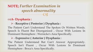 
A- Dysphasia :
 - Receptive ( Posterior ) Dysphasia :
The Patient Can't Understand The Spoken Or Written Words.
Speech Is Fluent But Disorganized , Occur With Lesions In
Dominant Hemisphere : Wernicke's Area Specifically.
 - Expressive ( Anterior ) Dysphasia :
The Patient Understand But Can't Answer Appropriately.
Speech Isn't Fluent , Occur With Lesions In Dominant
Hemisphere : Broca's Area Specifically.
NOTE; Further Examination in
speech abnormality
 
