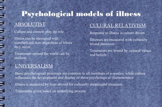 Psychological models of illness

    ABSOLUTIST                                   
                                                     CULURAL RELATIVISM

    Culture and context play no role             
                                                     Response to illness is culture driven

    Illness can be measured with                 
                                                     Illnesses are measured with culturally
    standardized tests regardless of where           bound measures
    they occur
                                                 
                                                     Treatments are bound by cultural values

    Treatments around the world can be               and beliefs
    uniform

    UNIVERSALISM

    Basic psychological processes are common to all members of a species, while culture
    influences the development and display of these psychological characteristics

    Illness is measured by tests altered for culturally meaningful measures

    Treatments given based on underlying process
 