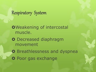 Respiratory System
Weakening of intercostal
muscle.
 Decreased diaphragm
movement
 Breathlessness and dyspnea
 Poor gas exchange
 