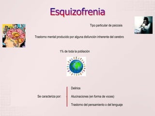 Esquizofrenia Tipo particular de psicosisTrastorno mental producido por alguna disfunción inherente del cerebro 1% de toda la poblaciónDelirios Alucinaciones (en forma de voces)Trastorno del pensamiento o del lenguajeSe caracteriza por: