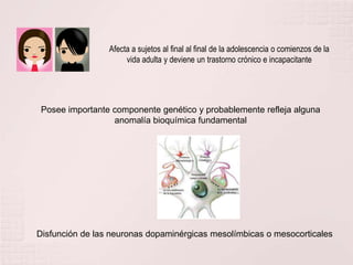 Afecta a sujetos al final al final de la adolescencia o comienzos de la vida adulta y deviene un trastorno crónico e incapacitantePosee importante componente genético y probablemente refleja alguna anomalía bioquímica fundamentalDisfunción de las neuronas dopaminérgicasmesolímbicas o mesocorticales