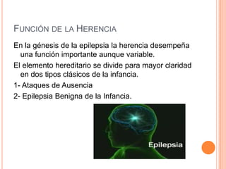 Función de la Herencia En la génesis de la epilepsia la herencia desempeña una función importante aunque variable. El elemento hereditario se divide para mayor claridad en dos tipos clásicos de la infancia. 1- Ataques de Ausencia  2- Epilepsia Benigna de la Infancia. 